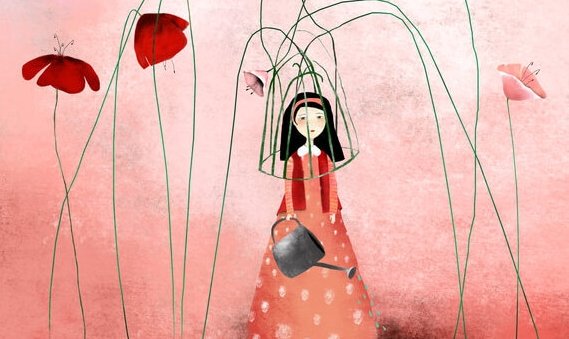 Frau, die von ihren Blumen gefangen gehalten wird