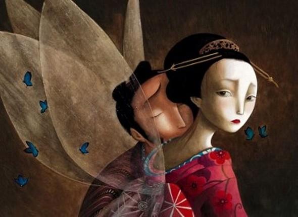 Japanische Geisha vor einem Mann