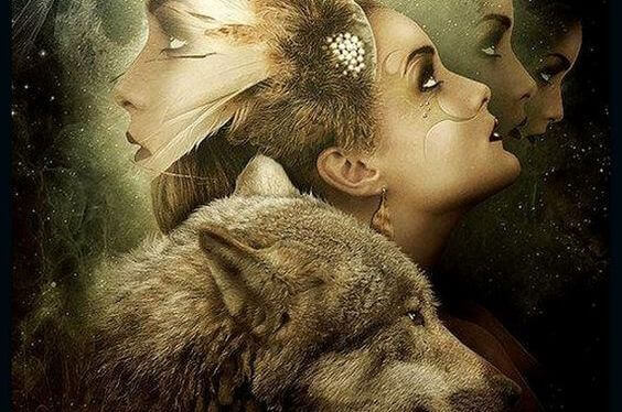 Wolf und Gesichter von Frauen