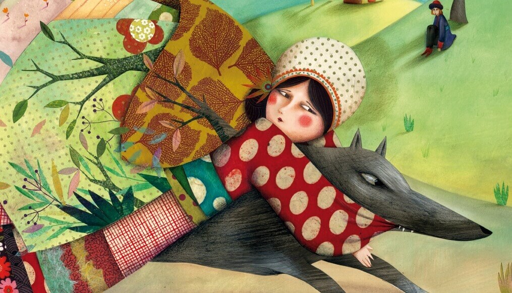 Frau hält sich am Hals eines Wolfes fest