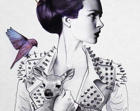 Frau mit Reh und Vogel