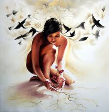 Frau mit Vögeln im Hintergrund