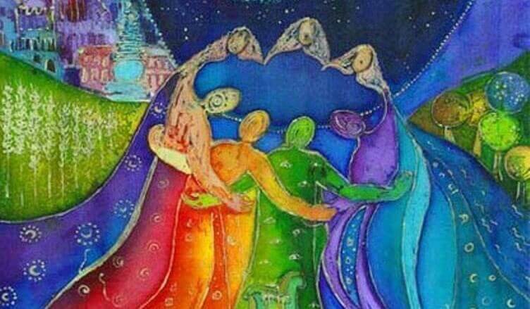 Bunte, sich umarmende Frauen