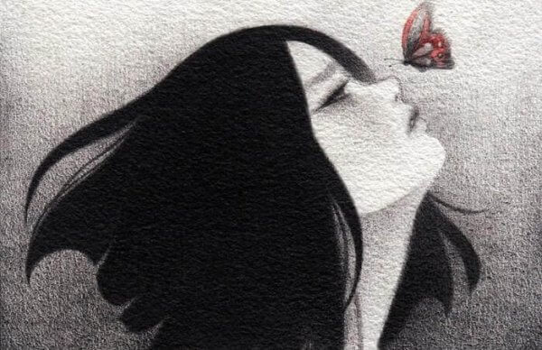 Mädchen mit Schmetterling über der Nase