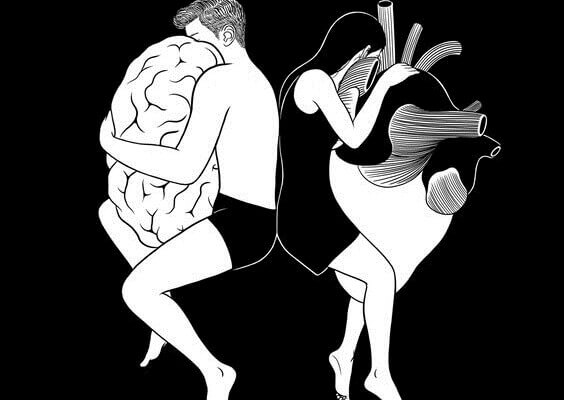 Mann umarmt Hirn, Frau umarmt Herz