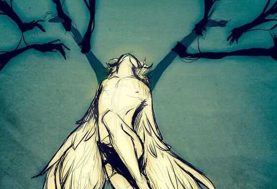 Zeichnung von einem Mann mit Flügeln