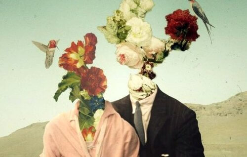 Ein Paar, dessen Köpfe aus Blumen sind