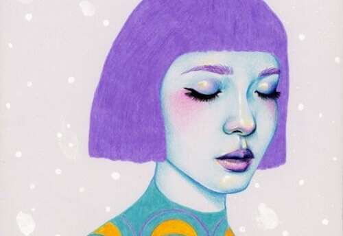 Ängstliches Mädchen mit lilanen Haaren