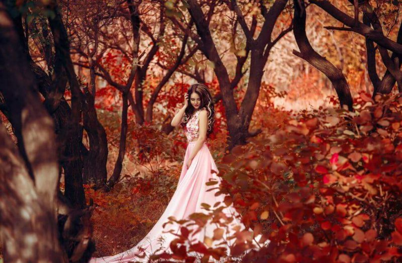 Prinzessin mit rosa Kleid im Herbstwald