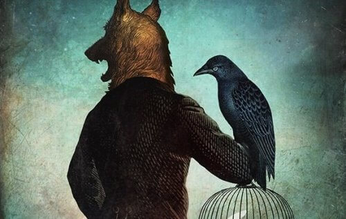 Ein Mann mit Wolfskopf hält einen Vogel