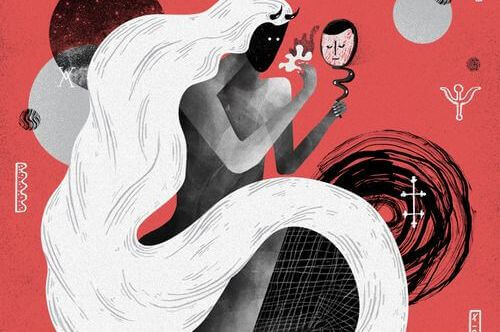 Mann mit langen Haaren und Hörnern