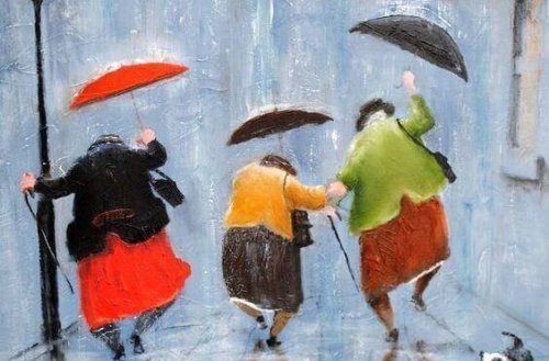 tanzende Senioren im Regen