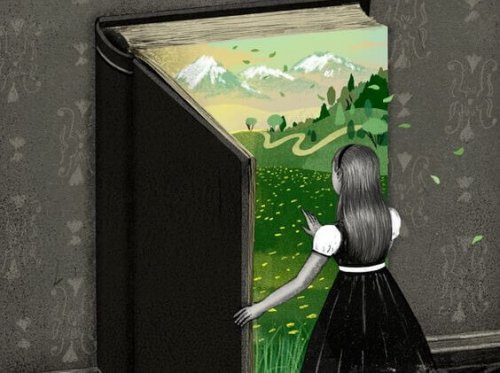 Frau betritt ihr eigenes Buch