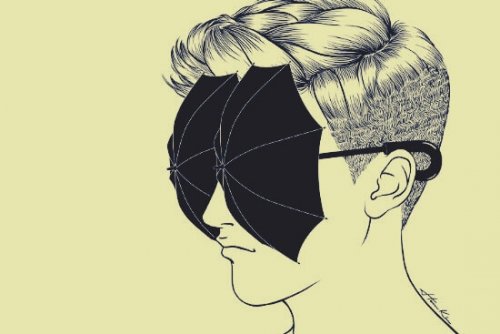 Mann, dessen Augen mit Regenschirmen verdeckt sind