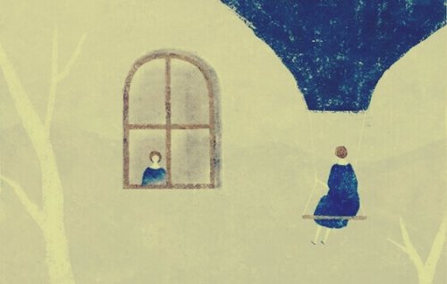 Frau am Fenster und Frau auf Schaukel