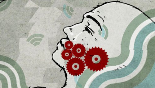 Mensch mit Zahnrädern im Mund