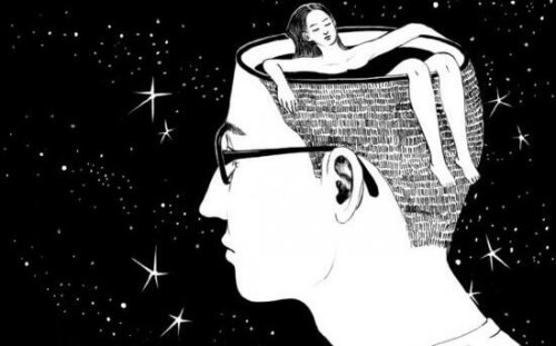 Mann, in dessen Kopf eine Frau badet