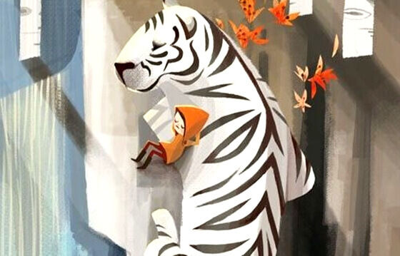 Kind lehnt an weißem Tiger