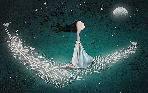 Mädchen fliegt auf einer Feder durch das Weltall