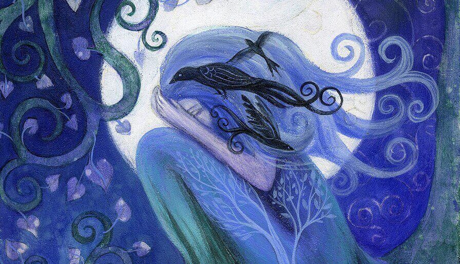 Zeichnung einer Frau, die sich das Gesicht verdeckt, in blauer Farbe