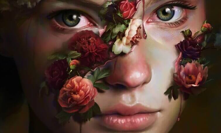 Frau mit Blumen im Gesicht