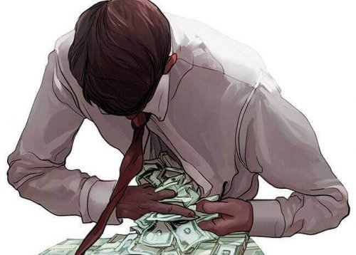 Revolutionäre Bücher berichten über Habgier - Ein Mann versteckt Geld im Hemd.