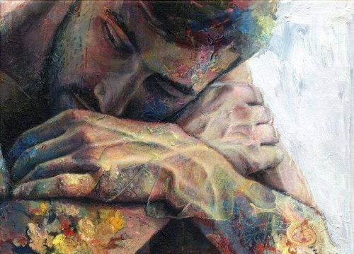 Trauriger Mann mit bunten Flecken auf der Haut