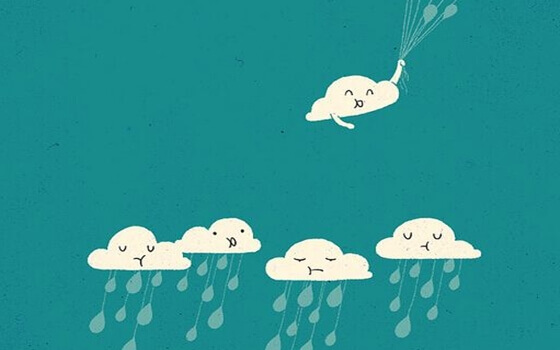 Eine positive Einstellung bekommen - lachende Wolke, die sich von trist schauenden Wolken entfernt