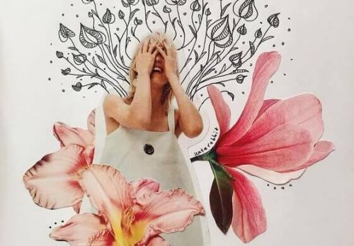 Foto eines lachenden Mädchens zwischen Blumen