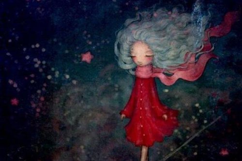 Mädchen tanzt zwischen den Sternen auf einem Seil