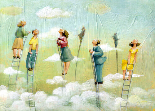 Menschen auf Leitern strecken sich dem Himmel entgegen.