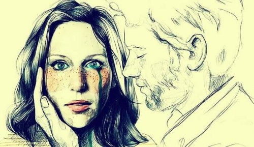 Weinende Frau, dessen Partner ihre Wange berührt