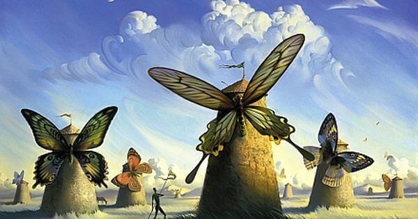 Windmühlen, deren Flügel von Schmetterlingen gebildet werden