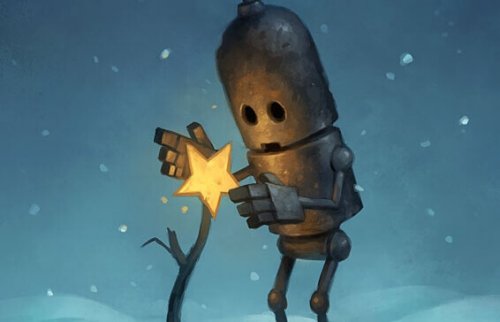 Roboter, der einen Stern auf einen abgestorbenen Baum setzt