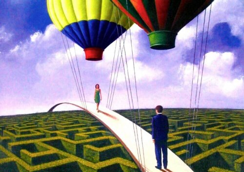 Mann und Frau, die über einem Labyrinth aufeinander zugehen