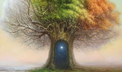 Baum der vier Jahreszeiten, in dessen Stamm sich ein Eingang in eine andere Welt befindet