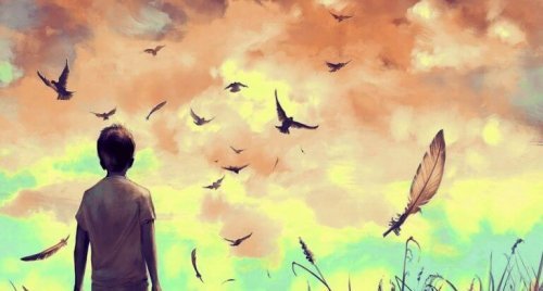 Junge, der Vögel beobachtet