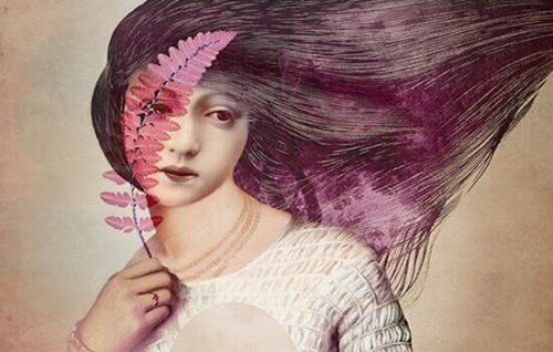 Frau mit lilanem Haar und Zweig mit roten Blättern