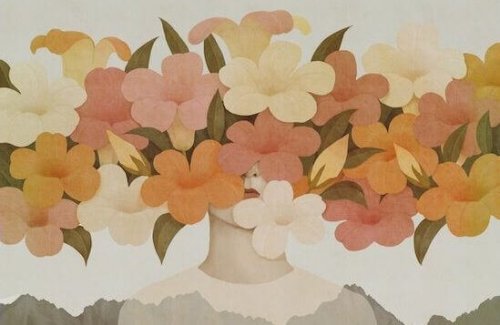 Frau mit Blumen vor dem Gesicht