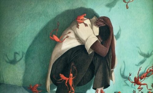 Mann schützt sich vor Fröschen