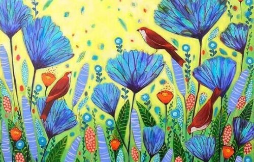 Blumenwiese mit Vögeln