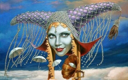 Frau in einem mittelalterlichem Kostüm mit Regenschirmen und Grammophon