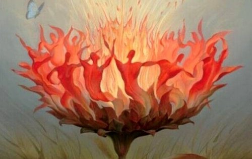 Blume aus Feuer, in der Menschen tanzen