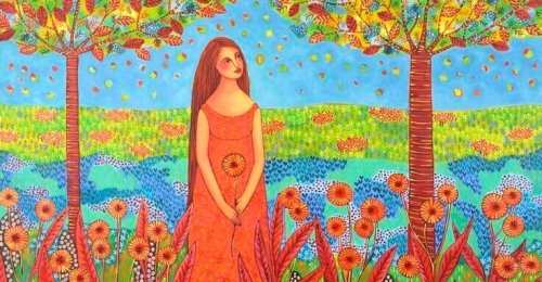 Frau im Blumenfeld