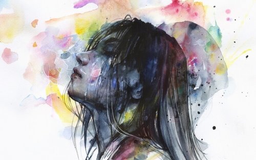 Zeichnung einer jungen Frau mit Sorgen inmitten von Farbklecksen