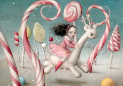 Mädchen in Fantasiewelt zwischen Zuckerstangen