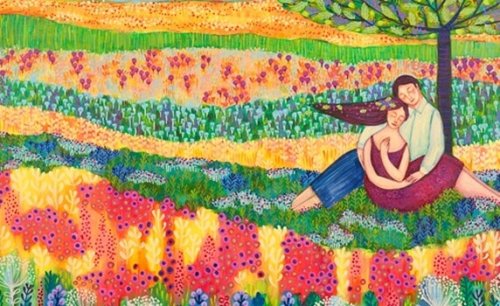 Paar auf Blumenwiese