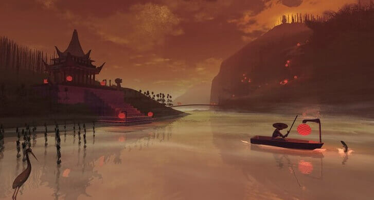 Chinesischer Tempel über See mit Gondel und Reiher