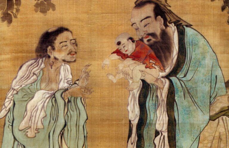 Chinesische Männer und Baby auf Pergament