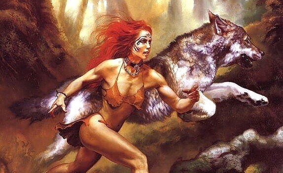 Frau rennt mit Wolf